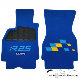 On Megane RS R25 Damiers royal blue carpet with embroidered serial numbers